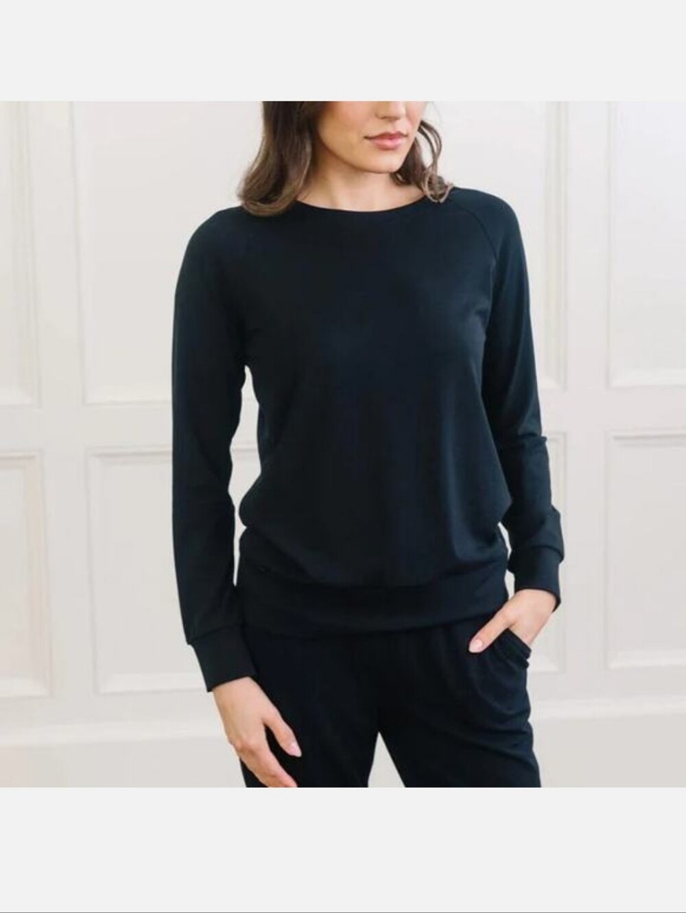 Cozy Earth Women Black Bamboo Raglan Sleeve Sweatshirt medium Crew Neck lounge